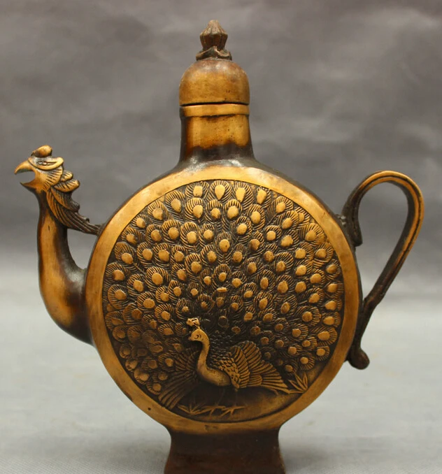 

song voge gem S4370 8" Folk Chinese Bronze Buddhism Phoenix Peacock Head Statue Wine Pot Teapot
