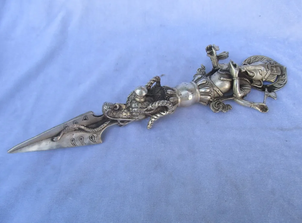 Collectible-Old-Handwork-Tibet-silver-Buddhist-Sword-Carved-Elephant-head-Ritual-Dagger-statue-from-tibetan-Long - 