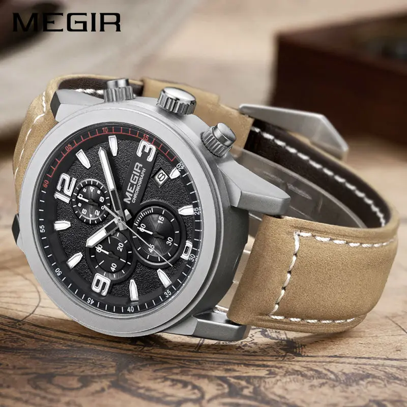 Billige MEGIR Mode Sport Uhr Männer Luxus Marke Männer Quarz Uhren Chronogragph Uhr Leder Band Army Military Armbanduhr 2026