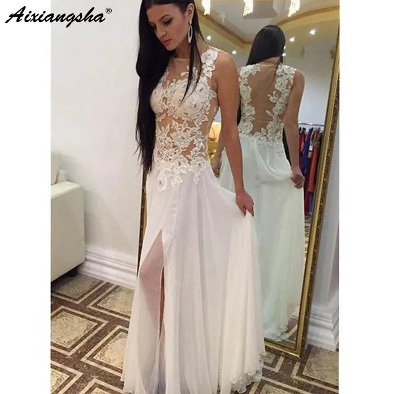 

White Evening Dresses 2019 New Arrival Front Split SheerTulle Appliques Beading Long Chiffon Evening Gowns robe de soiree