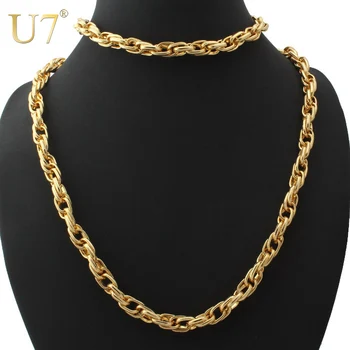 

U7 Gold Color Men Jewelry Set 2 Sizes 10 MM Wide Round Rope Chain Necklace Bracelet Set Wholesale S436