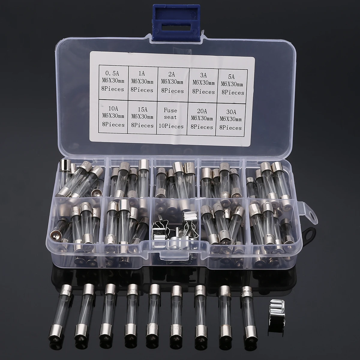 72pcs 6x30mm Fast Quick Blow Glass Tube Fuse with Fuse Holder Assortment Kit 0.5A/1A/2A/3A/5A/10A/15A/20A/30A