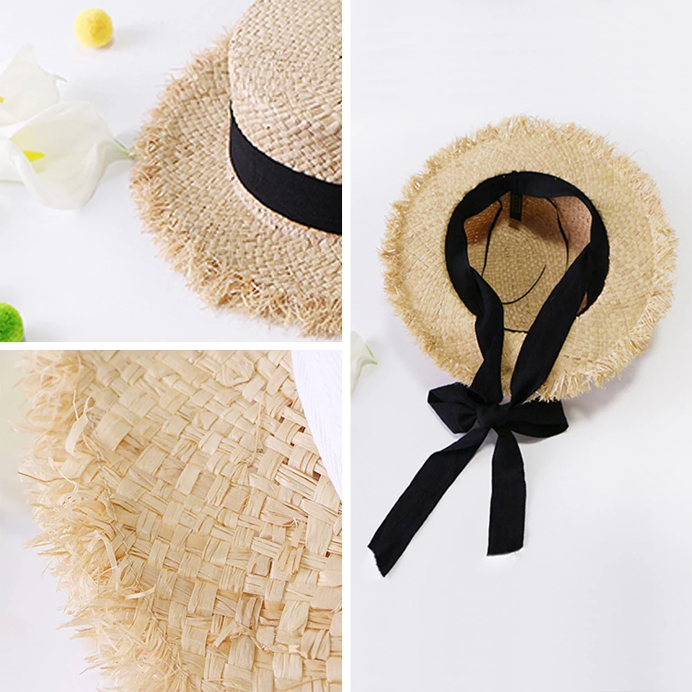 Открытый ручной ткань рафии солнца Шапки для женский, черный ленты на шнуровке Большой Брим соломенная шляпа пляж летние шапки Chapeu Feminino