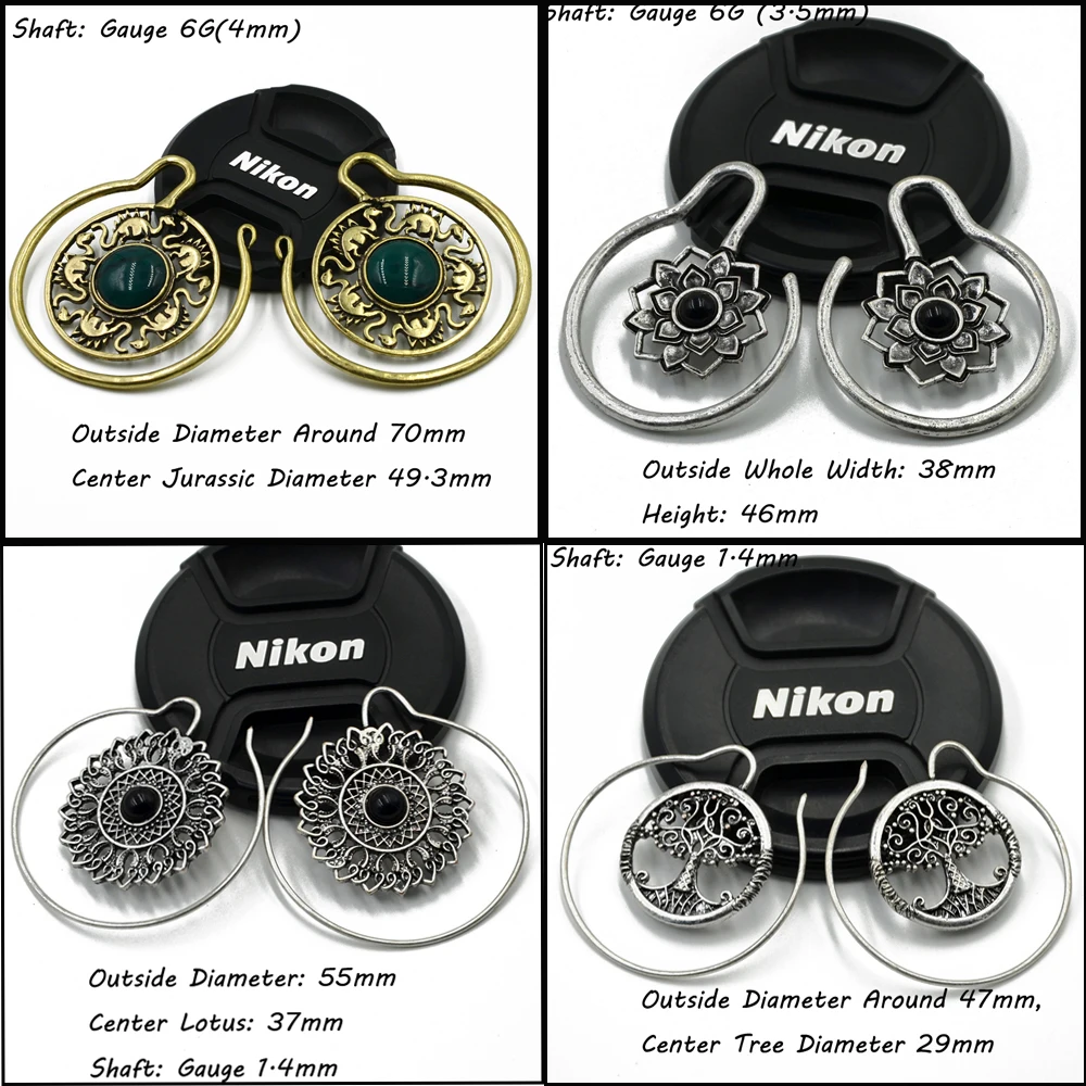 PAIR Large Gauge Charming Dangling Brass Indian Tribal Earring Hoop