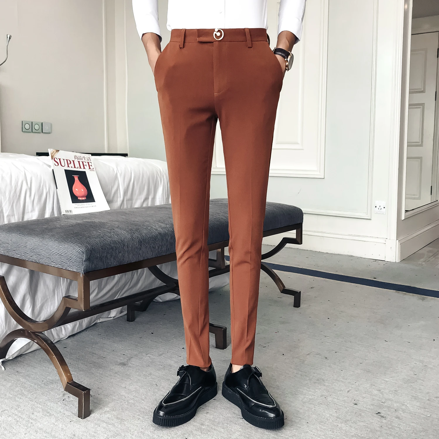 Buy Orange Mens Dress Pants Slim Fit Mens Pants Formal Black Business Mens Suit