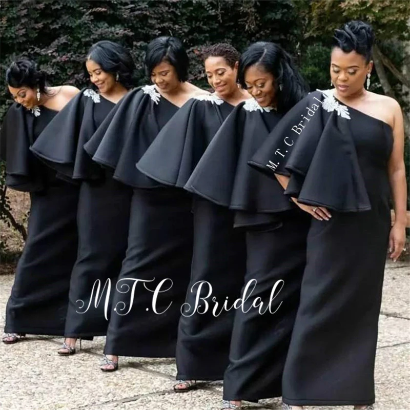 

Wholesale African Bridesmaid Dresses One Shoulder Straight Floor Length Black Long Maid Of Honor Dress Cheap 2019 New Arrival