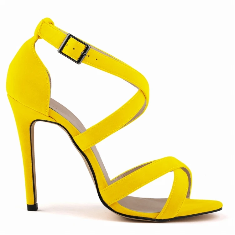 Loslandifen/Новые летние женские босоножки на высоком каблуке; женские модные пикантные вечерние туфли с перекрестной шнуровкой и открытым носком; свадебные туфли на шпильке с пряжкой - Цвет: Цвет: желтый