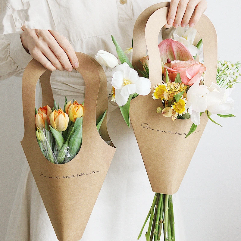 10pcs Creative Handle Kraft Paper Flower Bags Flowers Wrapping Gift