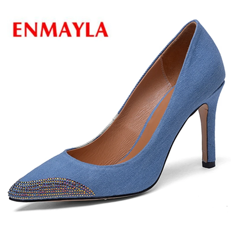 

ENMAYLA New Arrival Denim Basic Super High Women Shoes Pointed Toe Casual Slip-On Women Fashion Pumps Size 34-39 LY1108