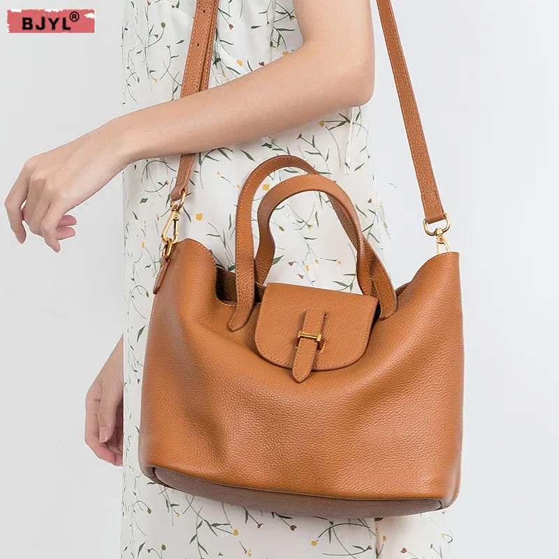 

BJYL new Women shoulder bag genuine leather female big cradle handbags top simple versatile large capacity Messenger bags