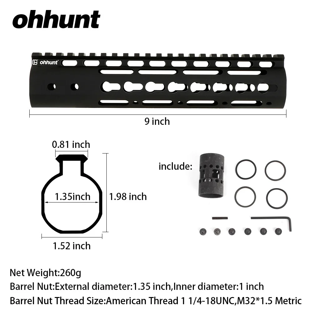 Ohhunt Tactical " 9" 1" 12" 13," 15" AR15 Rail NSR Free Float Keymod Handguard Пикатинни со стальной бочковой гайкой