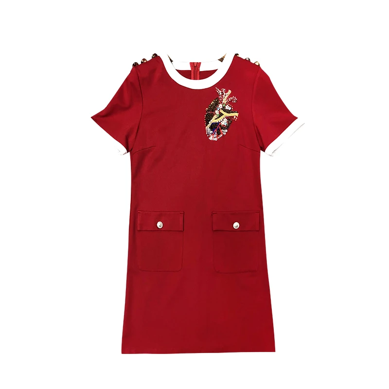 

Luxury Brand Designer Dress for Women Summer O Neck Beading Sequined Buttons Dress Red