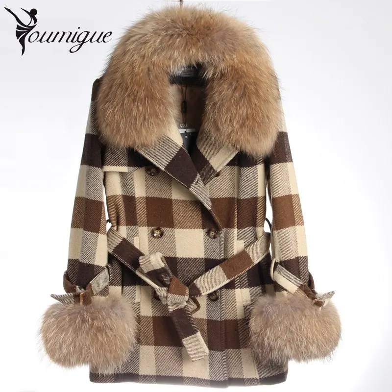 YOUMIGUE Outono inverno misturas de poliéster cinto xadrez de lã parka verdadeira pele de guaxinim gola do casaco mulheres jaqueta chaqueta mujer abrigos