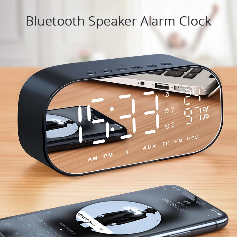 

LED Alarm Clock With Wireless Bluetooth Speaker Digital Table Desktop Clock Support FM Radio Aux TF Music Player For Home Office