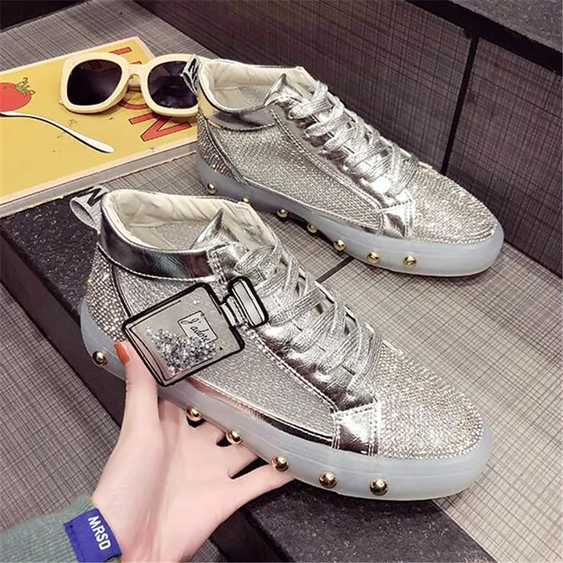 

Fashion Women's Bling Lace-Up Sneaker Casual Rhinestone Flat Shoes 2019 Spring autumn lady High top Light shoes Gold rivet