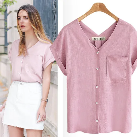 Новая модная футболка большого размера, женская летняя розовая рубашка, женская футболка на пуговицах, Женская хлопковая Футболка с карманами, 5XL, футболка, Топы, Femme