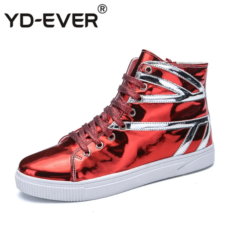 

Skate Sneakers European Hip Hop Silver Zipper Patent Leather High Top Street Style Trainers Men Italy Casual Shoes British Red