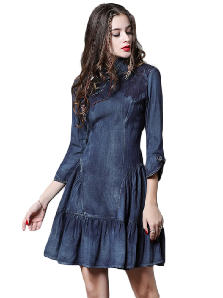 

2019 Dress Women New Buttoned Cheongsam Denim Skirt Vintage Ruffled Slim Dress Vestidos De Verano Ladies Dresses Women Clothes