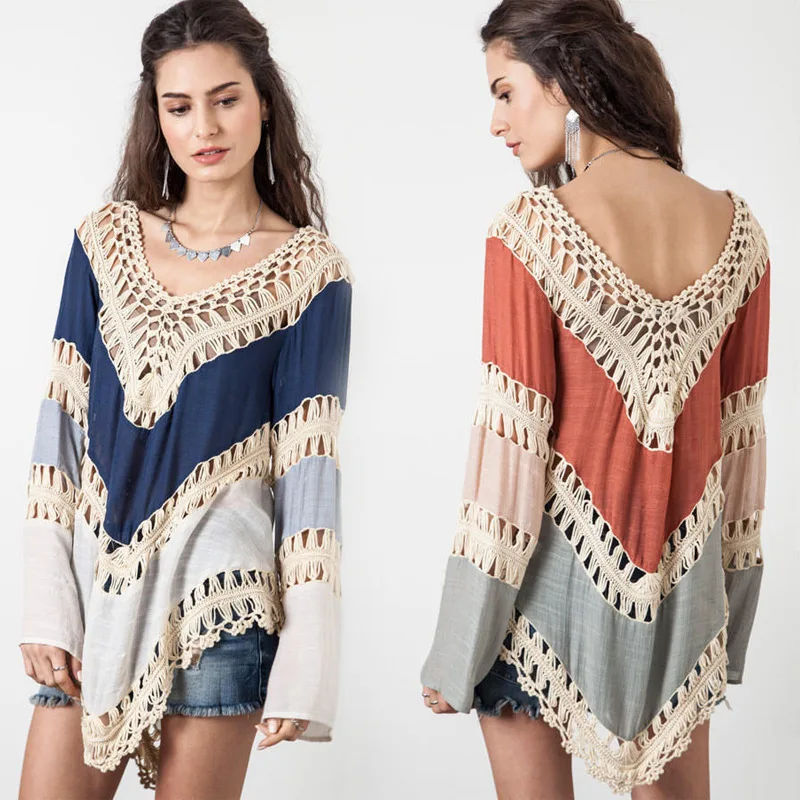

One Size Tops Ladies Spring Autumn Sexy Asymmetry Beach Cover Up Hollow Out Crochet Lace Shirt Women Long Sleeve Lace Blouses