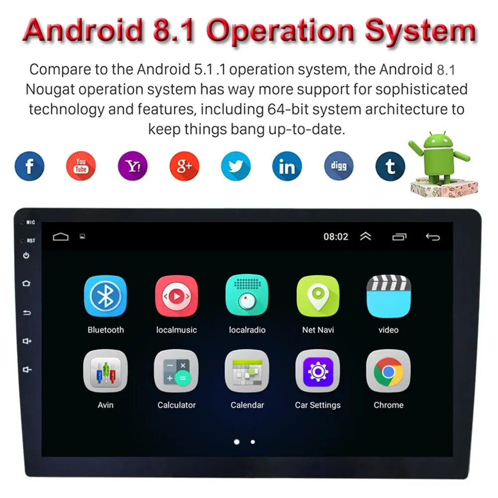 Excellent 10.1" Car Stereo 1Din Multimedia Player for Android 8.1 with Up Down 360 Degree Rotatable Screen GPS WiFi MP5 Player 1