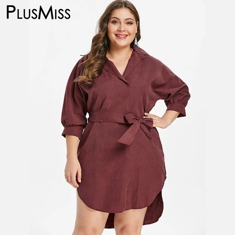 PlusMiss плюс Размеры 4XL-XL Высокий Низкий мини Шорты рубашка платье с поясом осень