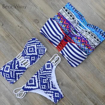 

New Women Bandeau Bikini Reversible Print Swimsuit Strappy Swimwear Push-Up Bikini Set Brazilian Biquinis Maillot De Bain