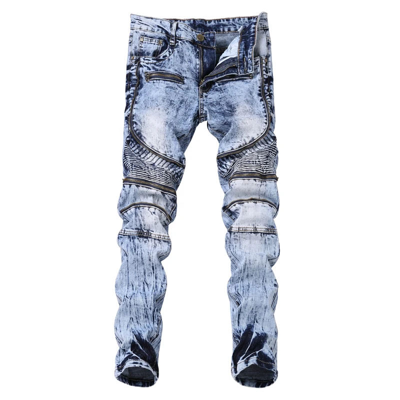 Fashion Ripped Blue Jeans Men With Holes Fake Zippers Skinny Famous Designer Brand Slim Fit