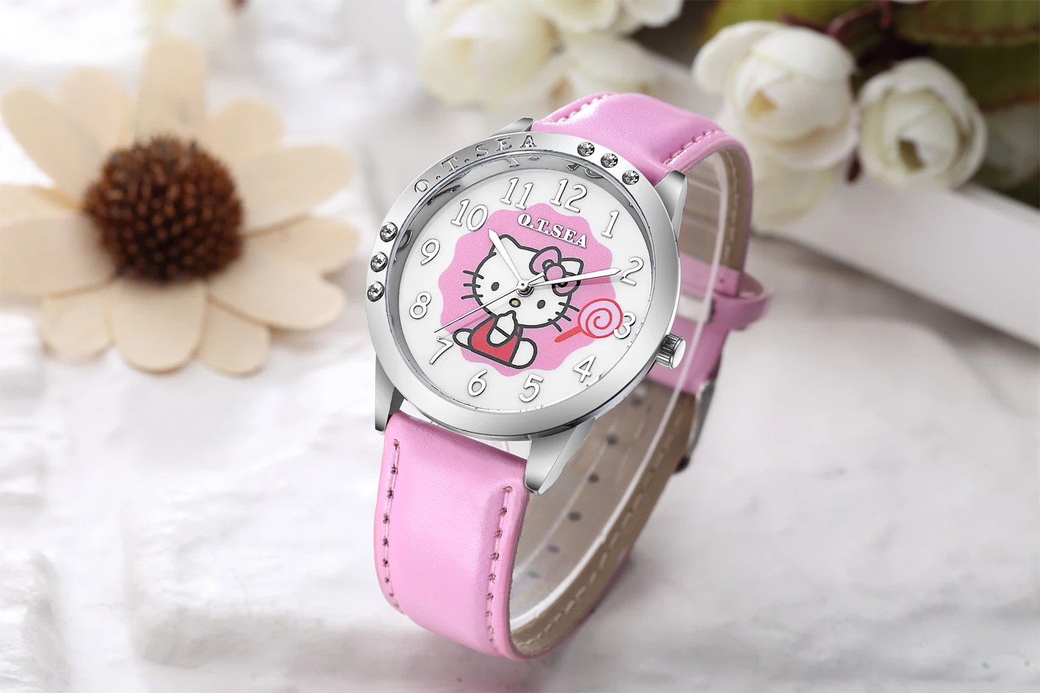 Лидер продаж O. t. бренд море Прекрасный Конфеты кожаный рисунок «Hello Kitty» Смотреть Дети Девушки Для женщин Кристалл платье кварцевые