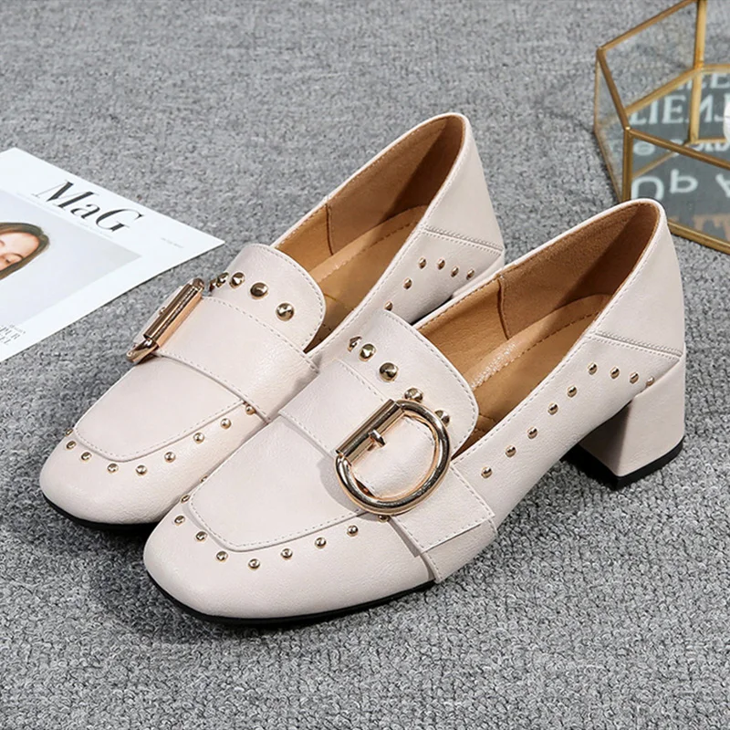 

New Fashion Brand High Heels Women Casual Shoes Leather Woman Party Shoes Elegant Ladies Square Heels ShoesTB017