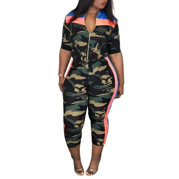 

Women Camouflage Coat And Long Pants Sets Stripe Tops Half Sleeve Zipper Two Piece Set Printing Conjunto Feminino Biker Shorts