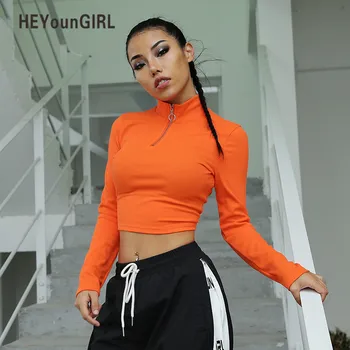 

HEYounGIRL Casual Turtleneck T-shirt Woman Long Sleeve Tshirts Cotton Women Orange Harajuku Crop Tops Tees High Street Autumn