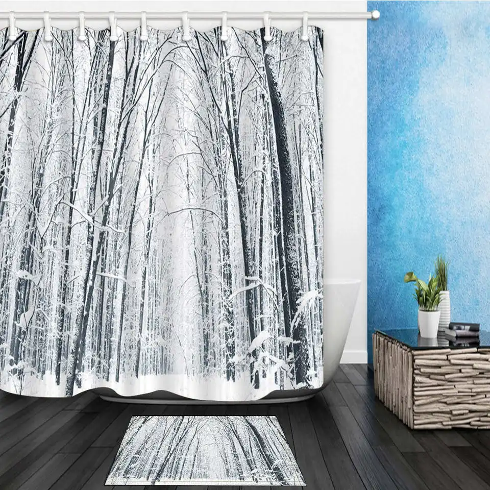 Snow Scene Shower Curtains Winter Forest Frozen Bathroom Curtains
