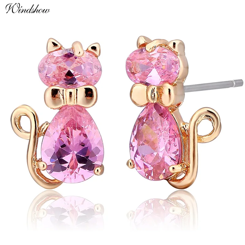 

Yellow Gold Color Cute Bow Knot Pink Crystals CZ Cats Stud Earrings for Women Children Girls Kids Gatos Jewelry bijoux Aros