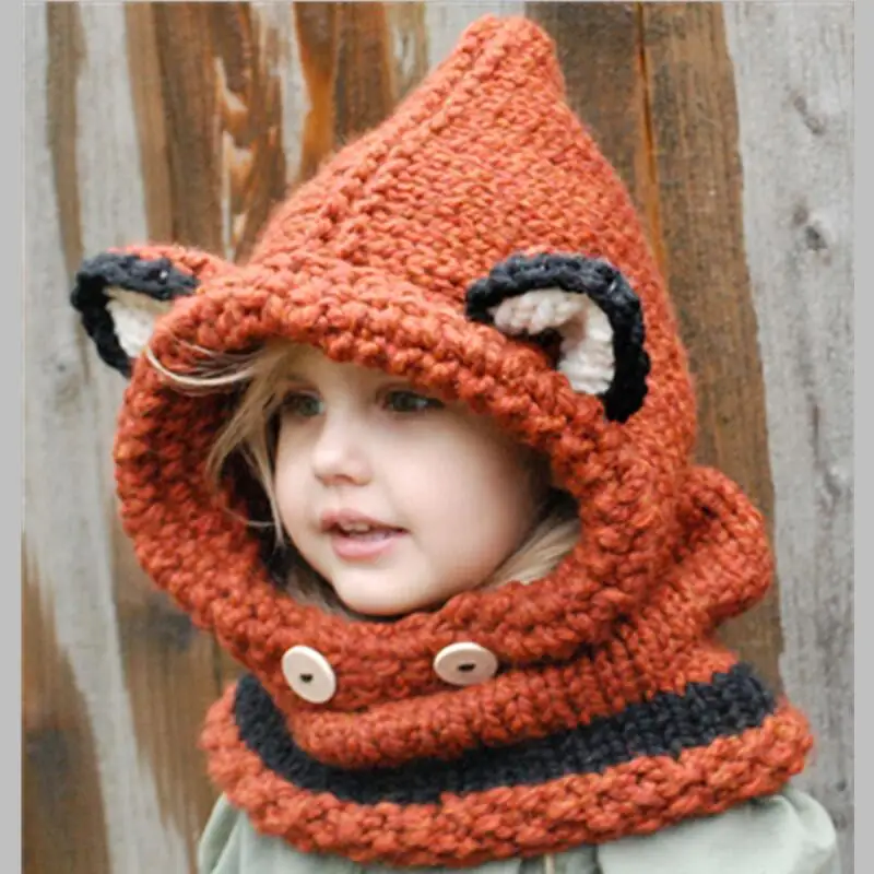 2016 Winter Kids Fox Ears Handmade Beanie Hat Scarf Sets for 1~10 Year Old Children Girls Scarves Free Shipping