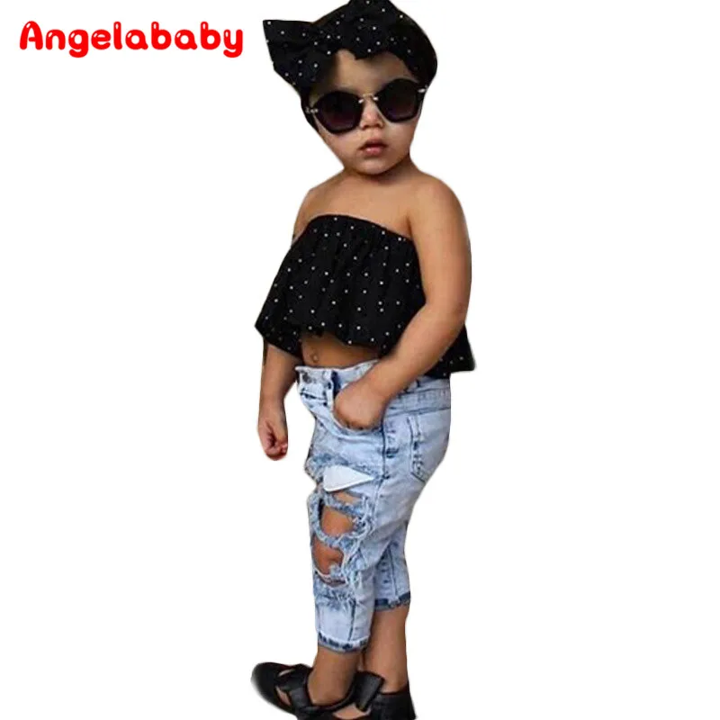 

Summer 2019 Kids Fashion Girls Clothing Sets 3 pcs Black Blouse Top & hole Casual Jeans&Hair band Girls Clothes Set