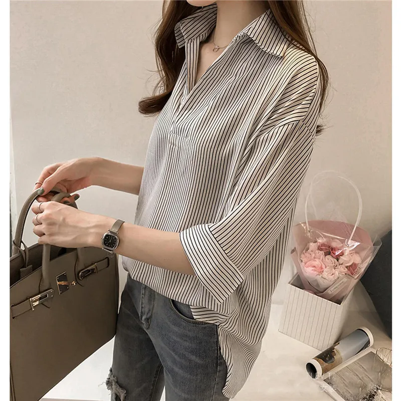 

2019 Spring Autumn Women Striped Shirt Tops Casual Office OL Blouse Female Three Quarter Sleeve Shirts Blusa Plus Size 3XL A1236