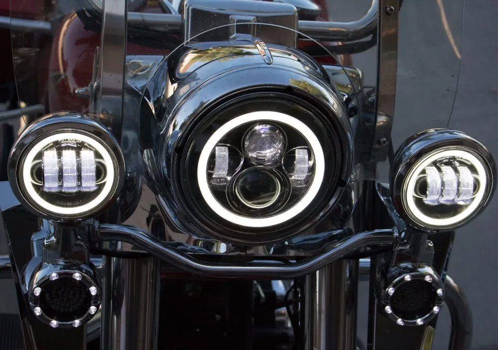 DOT 2PCS Chrome Black Motorcycle Headlight Front 4.5 Inch Passing Fog Light Universal 12V With Halo Ring Daymaker Driving Light (1)