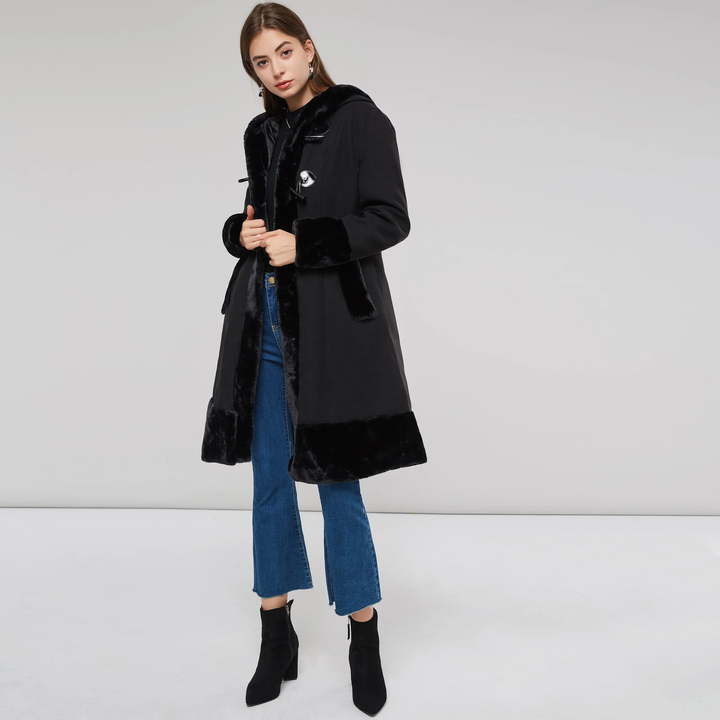 

Women Black Hooded Winter Wool Blends Coat Full Sleeve Autumn Winter Warm Female Long Cloaks Outwear Back Lace Up Outwear