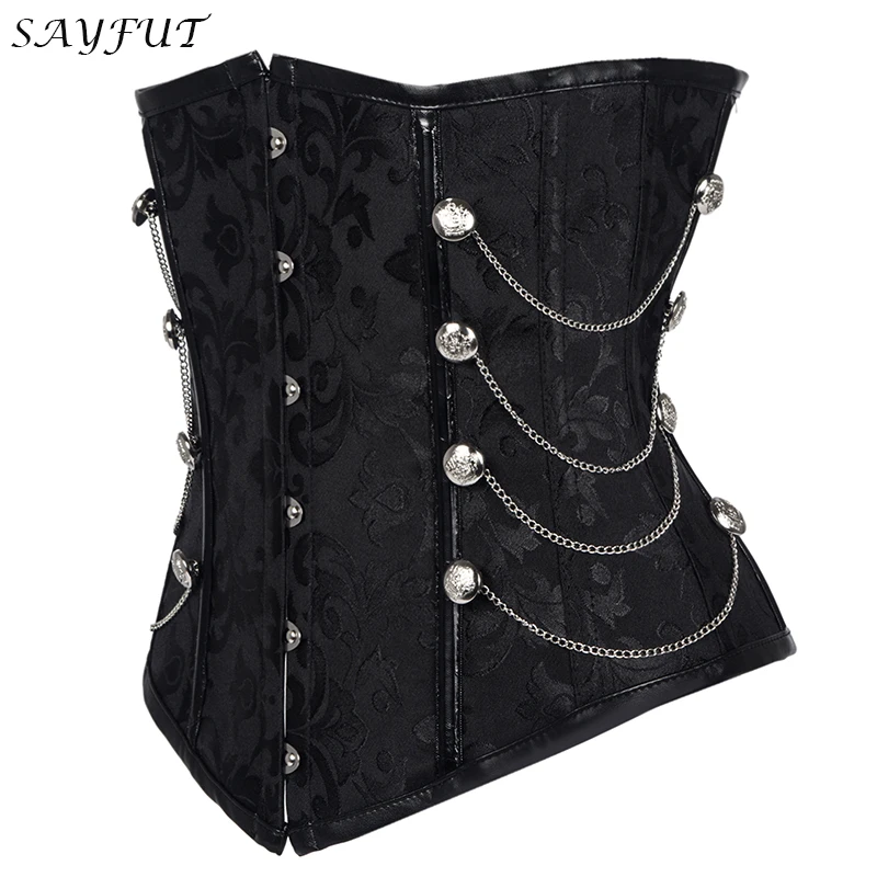 SAYFUT Underbust Steampunk Corset Waist Control Gothic Corsets Cincher Bustiers with Chains Embroidery Short Waist Trainer SAYFUT Underbust Steampunk Corset Waist Control Gothic Corsets Cincher Bustiers with Chains Embroidery Short Waist Trainer