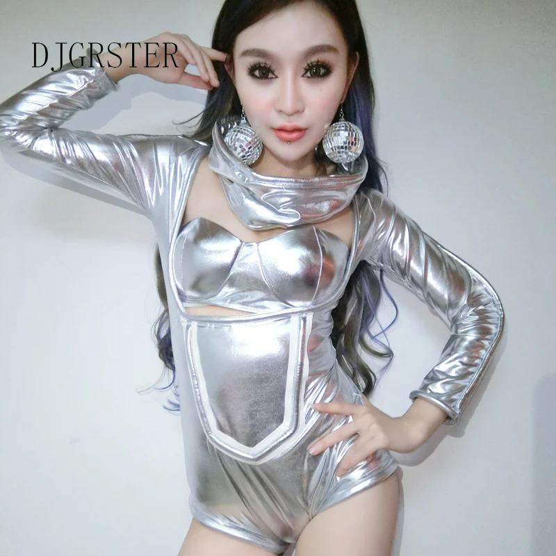 DJGRSTER,, Космический серебряный костюм, женский сексуальный комбинезон для джазовых танцев, Женский певец, DS, танцевальные сценические костюмы для ночного клуба