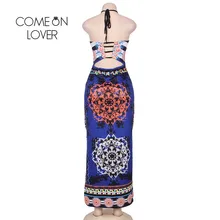 Comeonlover Boho Vintage Long Dress Flowered Halter Backless Tropical Vestidos RI80424 Split Beach Summer Robe Femme Ete 2017