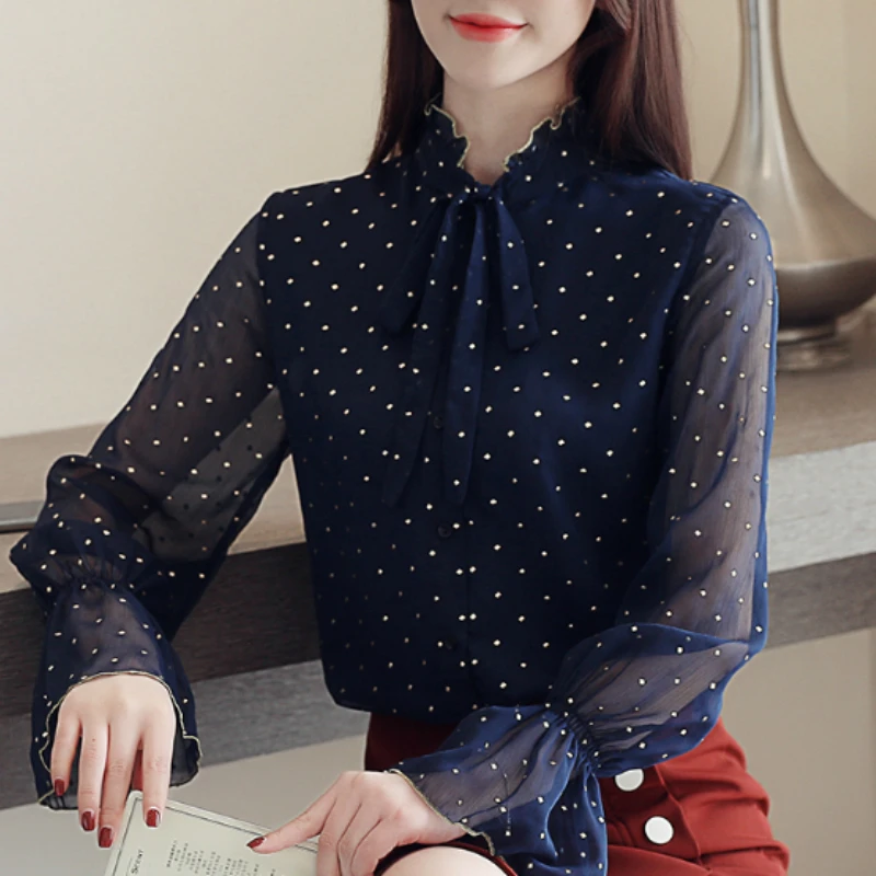 

autumn long sleeve dot chiffon blouse women shirts blusas mujer de moda 2019 office ladies tops womens tops and blouses B598