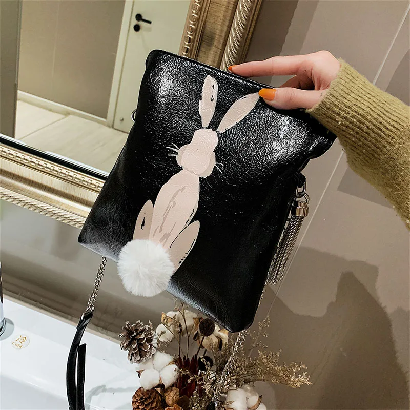 HANEROU сумки через плечо на цепочке с кисточками для женщин, сумка на плечо с милым кроликом из искусственной кожи, женские сумки-мессенджеры, Весенняя новая сумка для девочек - Цвет: Black2