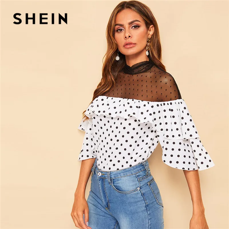 

SHEIN Mesh Insert Flounce Layered Dot Blouse Women Elegant Stand Collar Top Three Quarter Length Sleeve Womens Tops And Blouses