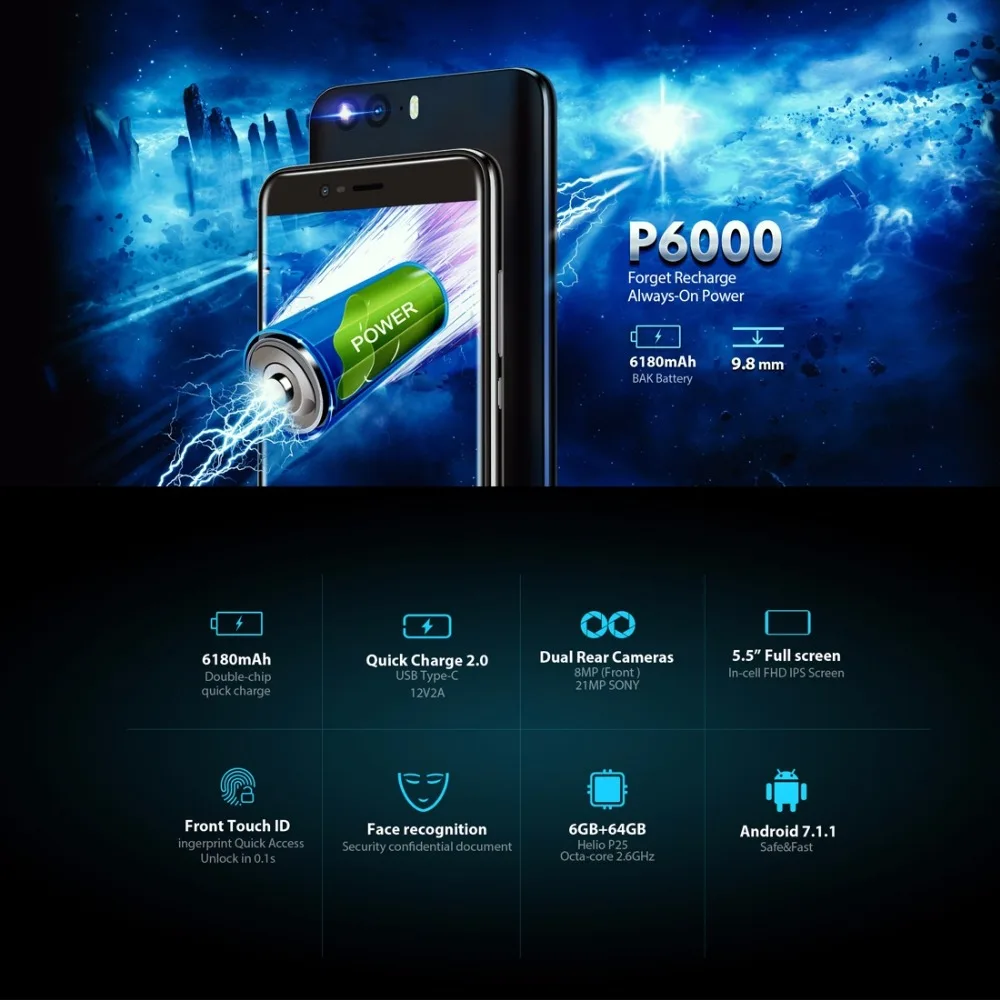 Blackview P6000 смартфон 5 &quot16:9 FHD Face ID Helio P25 octe core 6180 мАч 6 ГБ 4G B 21MP двойной камеры Android 7 1