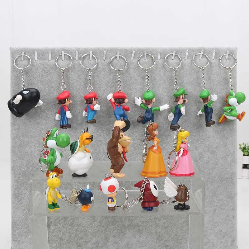 Super Mario 18pcs/set PVC Super Mario Bros keychain Luigi Yoshi Peach Mushroom Toad Shy Guy Action Figures Gift OPP retail