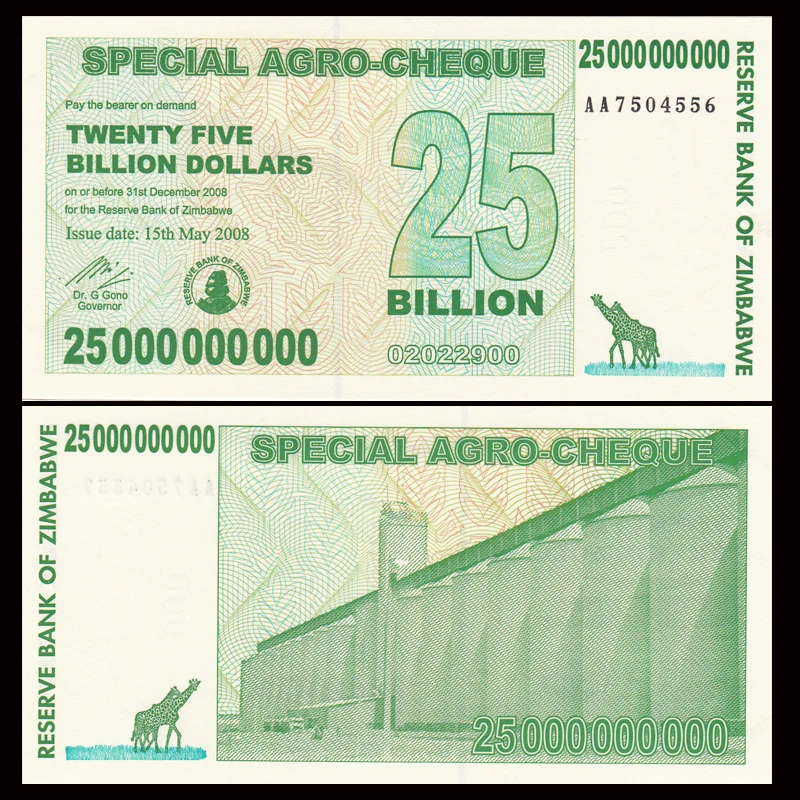 Зимбабве 25 долларов 2008 P 62 UNC Uncirculated Коллекционные вещи подарок Африке