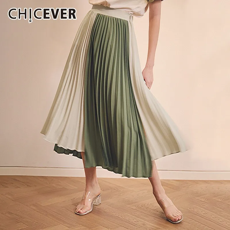 

CHICEVER Summer Casual Hit Color Women Skirt High Waist Loose Plus Size Mid Calf Female Pleated Long Skirts 2019 Korean New