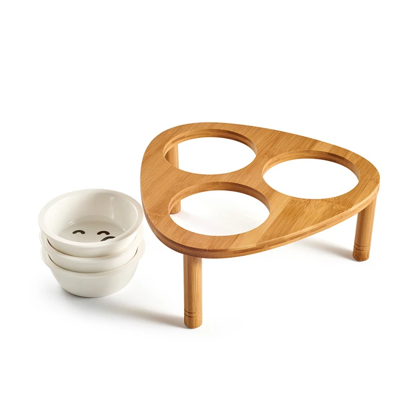 Fashion Ceramic Dog Cat Bowl Bamboo Rack Three Bowls Pet Food