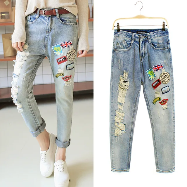 Femme fille Baggy cheville , longueur Capris jeans patchwork ripped sarouel taille haute shorts